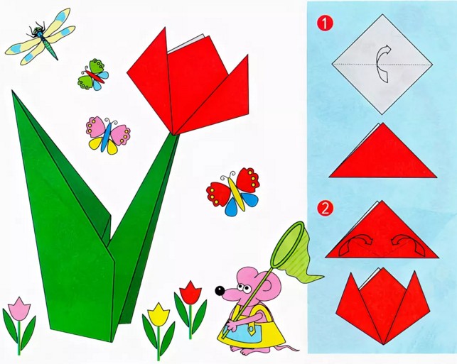 Поделки поэтапно 1 класс. Конструирование оригами тюльпан подготовительная группа. Конструирование тюльпан оригами старшая группа. Цветы в технике оригами для детей. Дети конструируют из бумаги.